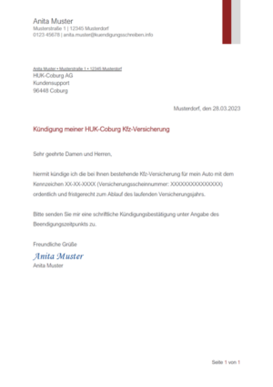 Kündigungsschreiben HUK-Coburg Kfz-Versicherung: Muster & Vorlage