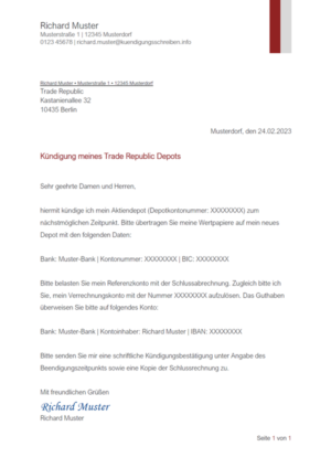 Kündigungsschreiben Trade Republic Depot: Muster & Vorlage