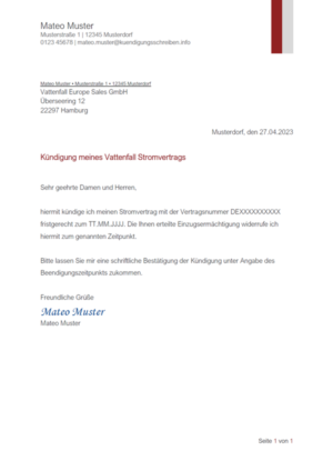 Kündigungsschreiben Vattenfall Strom: Muster & Vorlage